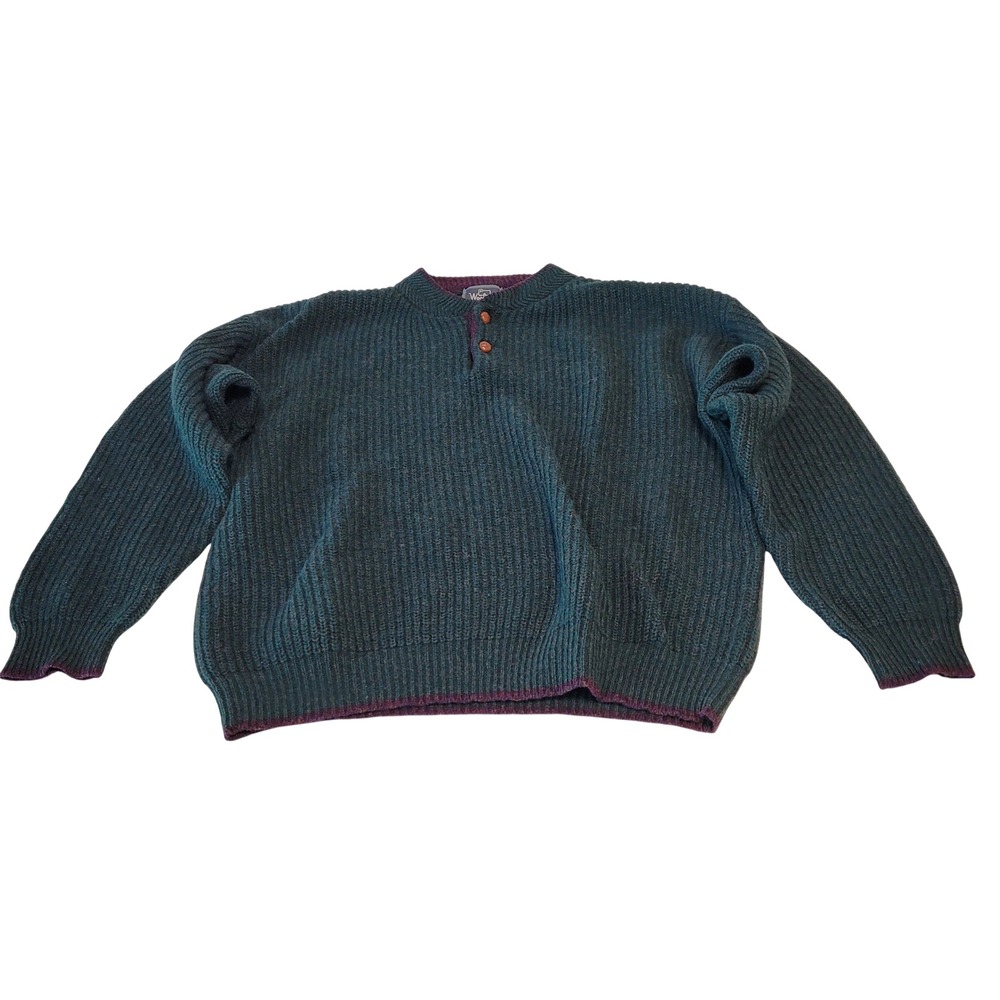 Woolrich Henley Sweater Mens Large Mallard Green 100% Wool Ribbed Chunky Knit